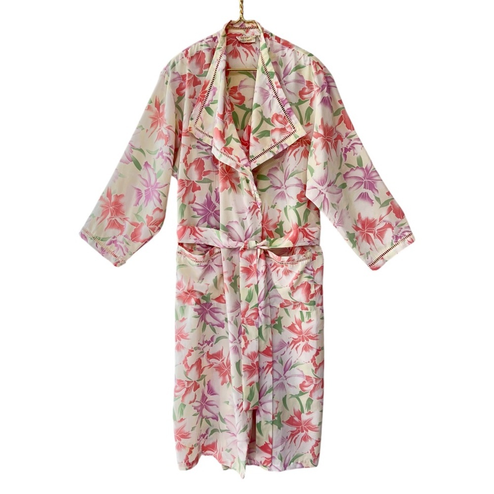 Victoria’s Secret Vintage Gold Label Floral Robe Ladder Lace Trim Belted M/L - Picture 2 of 12